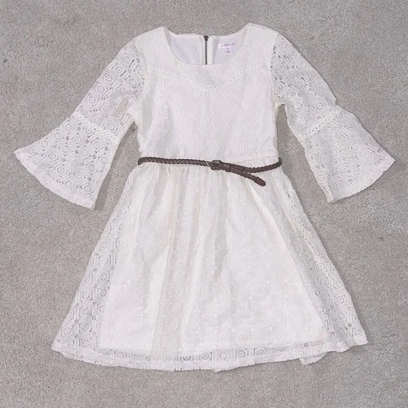 Beautiful Off-White Lace Dress With Bell Sleeves, Size M. Brown Braided Belt | Color: Cream | Size: Mg | Darci17lynn's Closet Beautiful Off-White Lace Dress With Bell Sleeves, Size M. Brown Braided Belt | Color: Cream | Size: Mg | Darci17lynn's Closet
